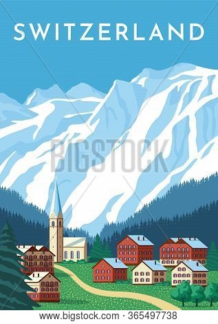 Switzerland Travel Retro Poster, Nature Vintage Banner. Summer Alps Landscape, Mountain Austria Vill