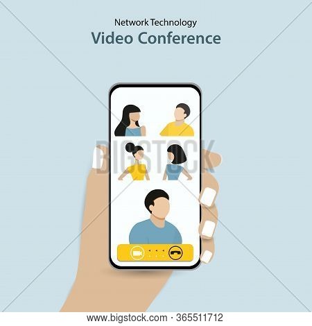 People Group Talking Together On Video Conference App Phone Call. Hand Holding Phone Showing Faces. 