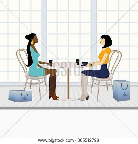 Girlfriend Conversation Vector Illustration. Chat Over Coffee With Friend. Gossips. Two Young Girls 