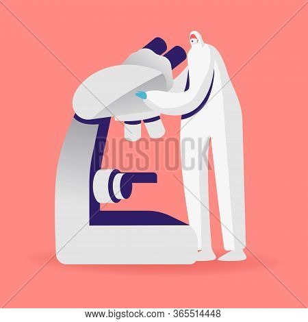 Research Scientist Character In Sterile Suit Looking In Microscope Working With Modern Industrial Ma