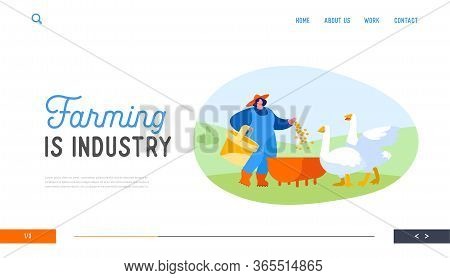 Girl Care Of Birds On Poultry Farm At Summertime Landing Page Template. Young Woman Feeding Geese On