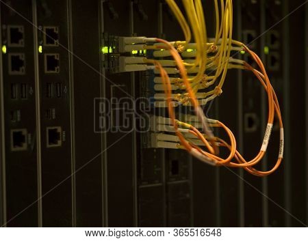 Telecommunication Equipment In The Server Room. Internet Connection Inside A Closed Territory. Detai