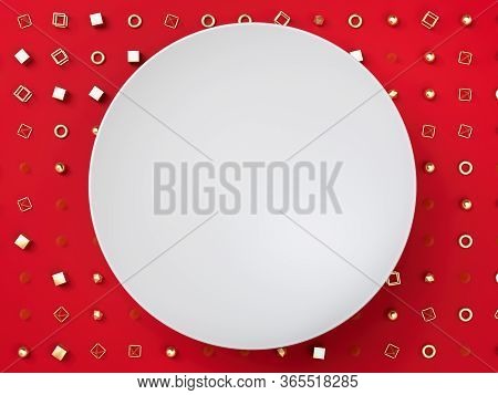 White Blank Round Frame Or Banner Over Golden Shapes And Figures On Red Background. 3d Render. Place