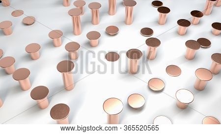 Abstract Scene With Golden Nails On White Surface. Perfect Image For Cosmetics Or Fashion. Use Illus