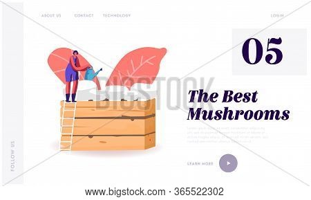 Homemade Fungiculture, Homemade Mushrooms Hobby Landing Page Template. Tiny Female Character Stand O