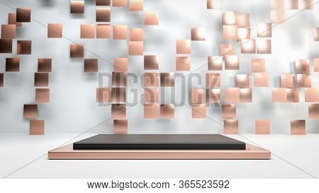 Abstract Scene With Copper And Golden Tiles Flying Above Metal Podium, Pedestal Or Stage In White St