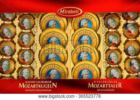Tambov, Russian Federation - April 30, 2020 Box Filled Of Mozartkugeln And Mozarttaler Chocolates.