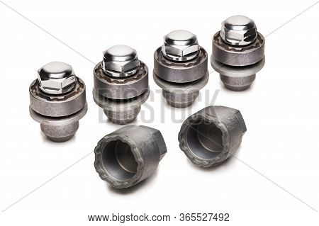 Car Lock Nuts, Wheel Nut That Protect The Wheels From Theft. Close-up Of The Isolate On A White Back