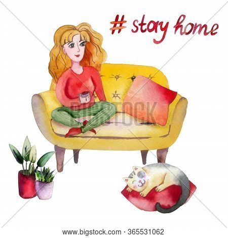 Stay Home Handdrawn Illustration. Beautiful Young Cirly Woman Sitting On Couch Enjoing Hygge Lifesty