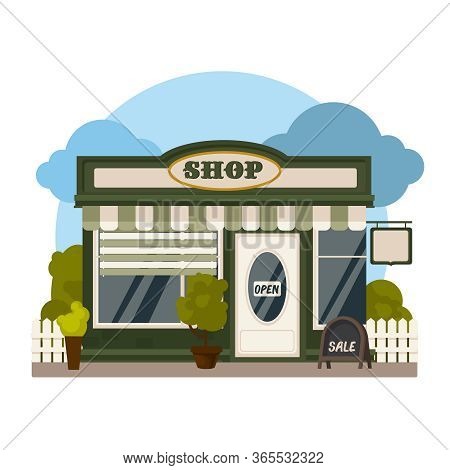 Cartoon Color Shop Or Market Store Building And Landscape Scene Concept Flat Design Style . Vector I
