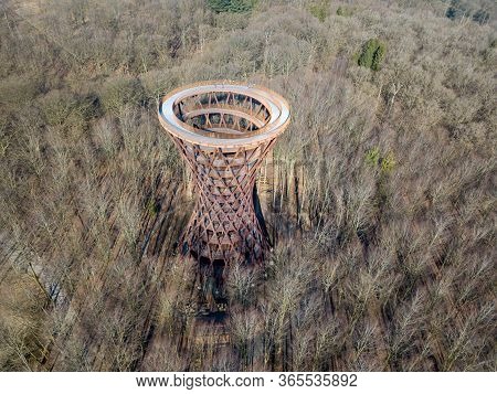 Gisselfeld, Denmark - March 25, 2020: Aerial Drone View Of The Forest Tower At Camp Adventure