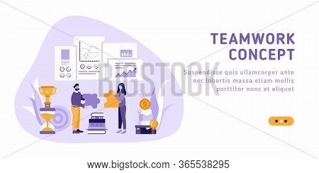 Business Teamwork Success Concept. Vector Illustration. Businessman And Businesswoman Fit As Puzzle