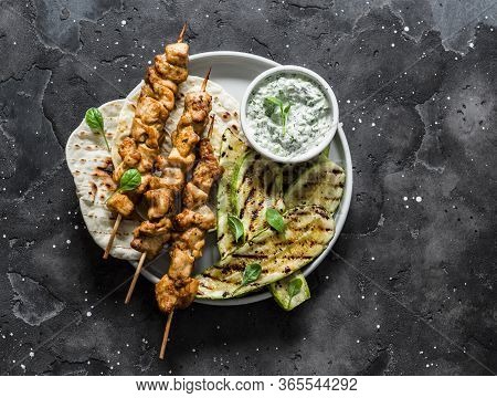 Chicken Skewers Souvlaki, Grilled Zucchini, Tortillas And Tzadziki Sauce - Delicious Greek Style Lun