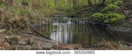 Lomna River In Trojanovice Village In Spring Hot Day
