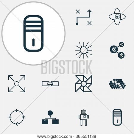 Robotics Icons Set With Linked Data, Processor, Computer Cooler And Other Analysis Diagram Elements.