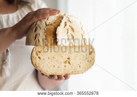 Unrecognizable Woman Holding Sourdough Bread, Homemade With Wheat Flour And Starter. No Yeast Bread.
