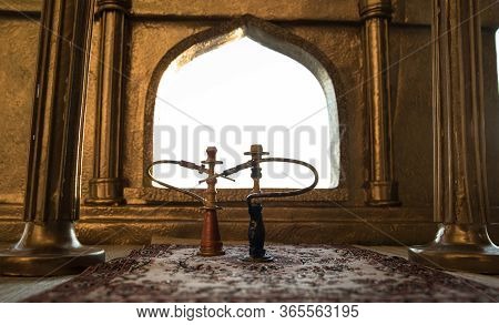A Realistic Arabian Interior Miniature With Window And Columns. Hookah Hot Coals On Shisha Bowl Maki