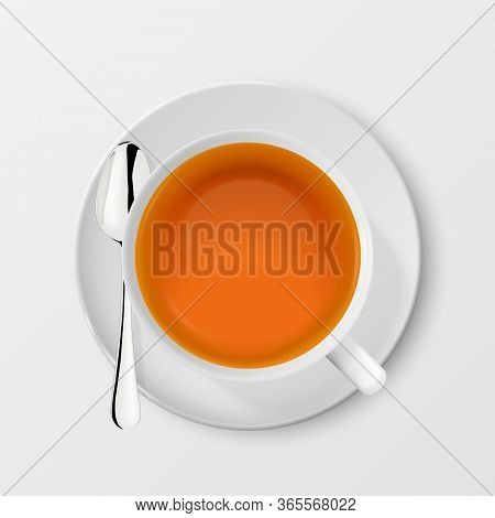 Vector 3d Realistic White Porclean, Ceramic Tea Cup, Mug With Black Or Red Tea And Silver Tea Spoon 