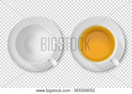 Vector 3d Realistic White Porclean, Ceramic Empty Tea Cup, Mug And With Green Tea Closeup Isolated O