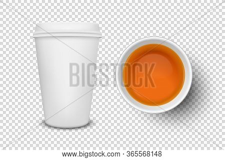 Vector 3d Realistic White Paper Or Plastic Disposable Tea Cup With Black Or Red Tea Closeup Isolated