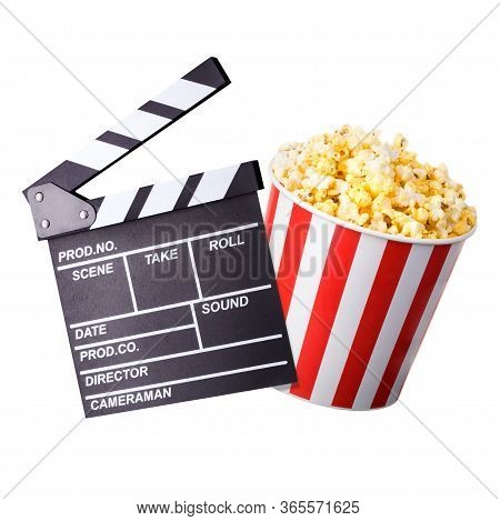 Flying Popcorn And Film Clapper Board Isolated On White Background