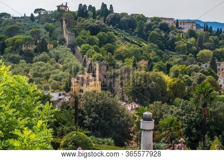 Florence, Italy - August 16, 2019: Gardens Boboli And Ancient Wall View From The Square Piazzale Mic