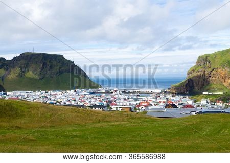 Heimaey Town Aerial View From Eldfell Volcano. Iceland Landscape. Westman Islands