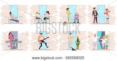 Different People Stay At Home. Neighbors Doing Yoga Or Exercises, Drinking Tea, Working Or Relaxing 