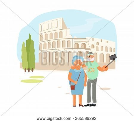 Romantic Elderly Couple Are Taking Selfie Photo With Self Stick With Coliseum In Roma. Cute Cartoon 