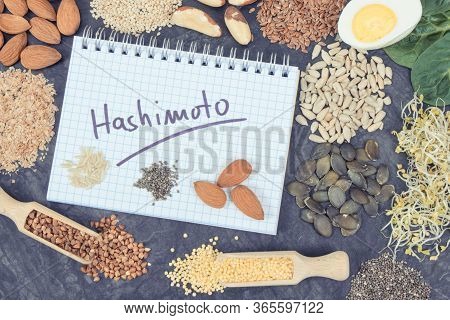 Notepad With Inscription Hashimoto And Best Ingredients Or Products For Healthy Thyroid. Food As Sou