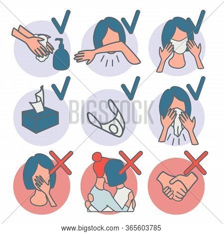 Prevention Infographic Woman Icons.2019 Ncov Virus Protection Tips Covid-19. Virus Warning. Set Of V