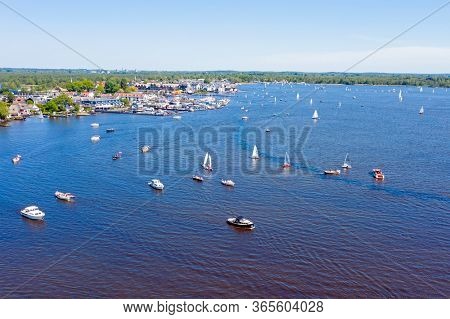 Aerial from the Loosdrechtse plassen in the Netherlands on a summer day