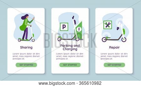Step Screens Instructions For Renting Public Eco Electric Scooter. Kick Scooter Sharing. Charging An