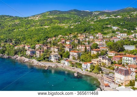 Croatia, Beautiful Town Of Lovran, Sea Walkway, Aerial Panoramic View In Kvarner Bay Coastline, Popu