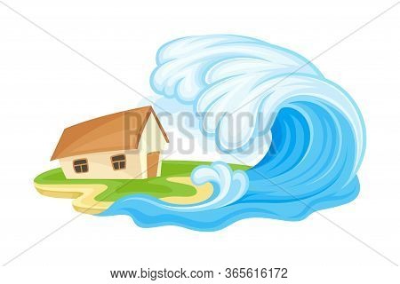 Tsunami Wave Battering Upon The House As Natural Cataclysm Vector Illustration