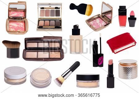 Collage Of Make Up Cosmetics And Tools. Set Of Make Up Brushes, Liquid Make-up Pillow, Skin Care Pro
