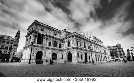 Seville, Spain - 10 February 2020 : Black And White Photography Of The City Hall In Beautiful Sevill