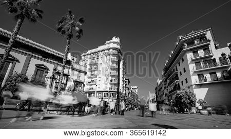 Seville, Spain - 10 February 2020 :black And White Photography Of Architecture On The Main Boulevard