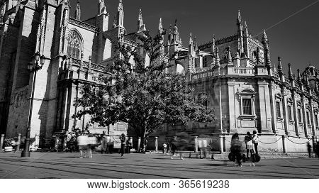 Seville, Spain - 10 February 2020 : Black And White Photography Of Seville Cathedral The Biggest Gho