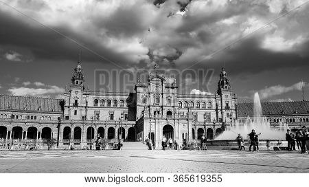 Seville, Spain - 10 February 2020 : Black And White Photography Of Plaza De Espana Spain Square Arch
