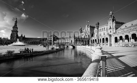 Seville, Spain - 10 February 2020 : Black And White Photography Of Plaza De Espana Spain Square With