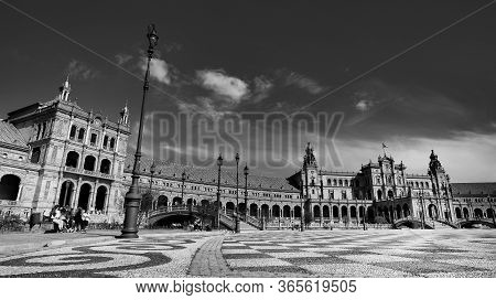 Seville, Spain - 10 February 2020 : Black And White Photography Of Plaza De Espana Spain Square Arch