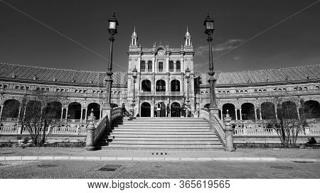 Seville, Spain - 10 February 2020 : Black And White Photography Of Plaza De Espana Spain Square Arch