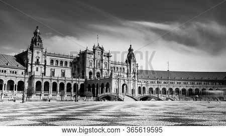 Seville, Spain - 10 February 2020 : Black And White Photography Of Plaza De Espana Spain Square Arch