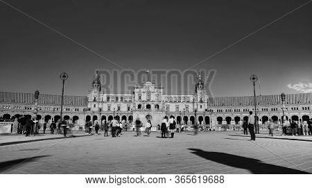 Seville, Spain - 10 February 2020 : Black And White Photography Of Plaza De Espana Spain Square Arch