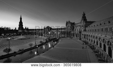 Seville, Spain - 10 February 2020 : Black And White Photography Of Plaza De Espana Spain Square Arch