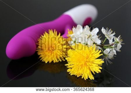 Spring Flowers And Pink Dildo On A Dark Glass Background, Romantic Present For Adult. Dandelions, Ch