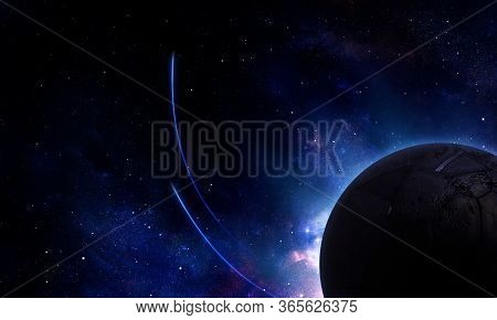 Abstract Space Illustration, 3d Image, Planet In Space In The Blue Stars, Eclipse, Background Image