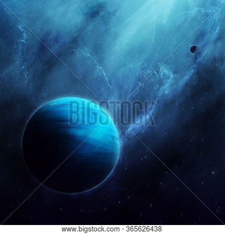 Abstract Space Illustration, 3d Image, Planet In Space In The Blue Stars, Eclipse, Background Image