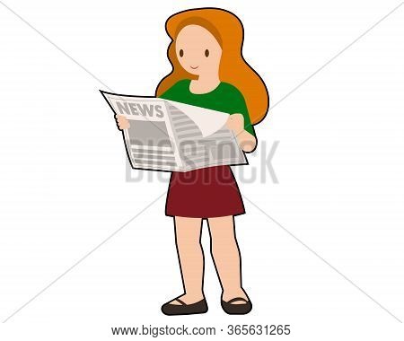 Girl Standing And Reading Newspaper Vector Illustration